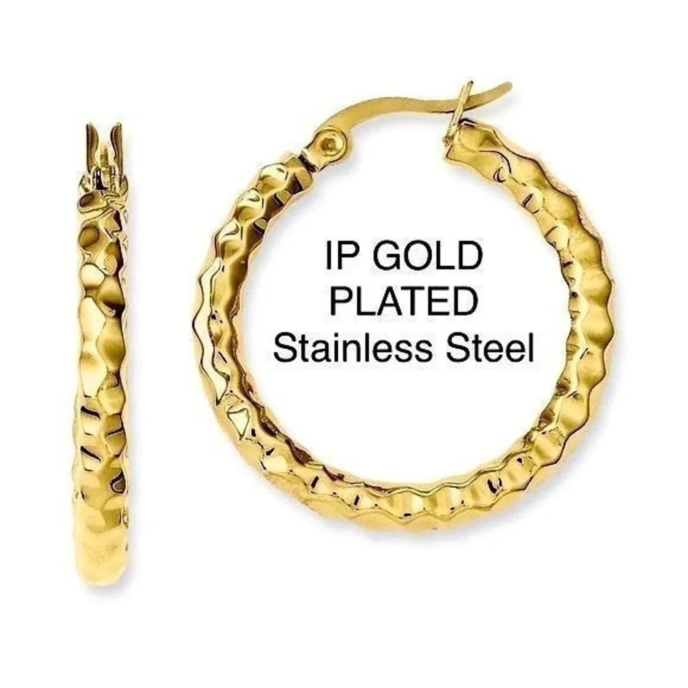 HOOP EARRINGS GOLD PLATED HAMMERED WOMANS IP PVD ION PLATED STAINLESS STEEL
